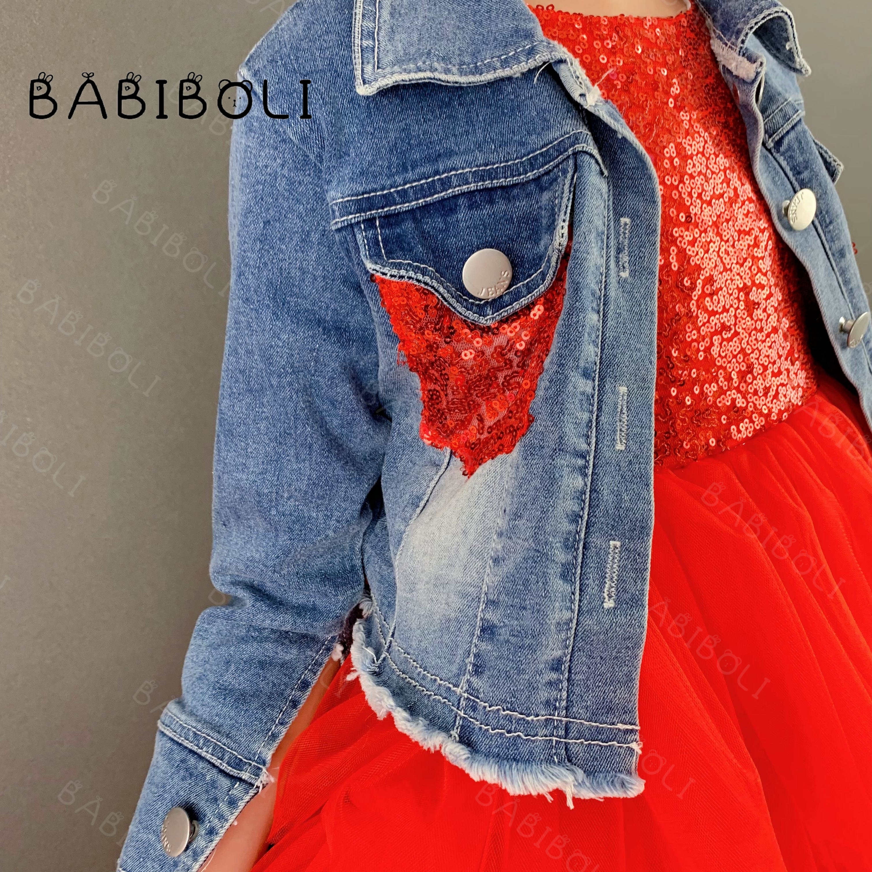 Babiboli Pretty Denim Jacket With Dresses Red Sequins Kids Clothing Tulle Gowns Baby Sequins Ruffle Lining Girls Party Frocks