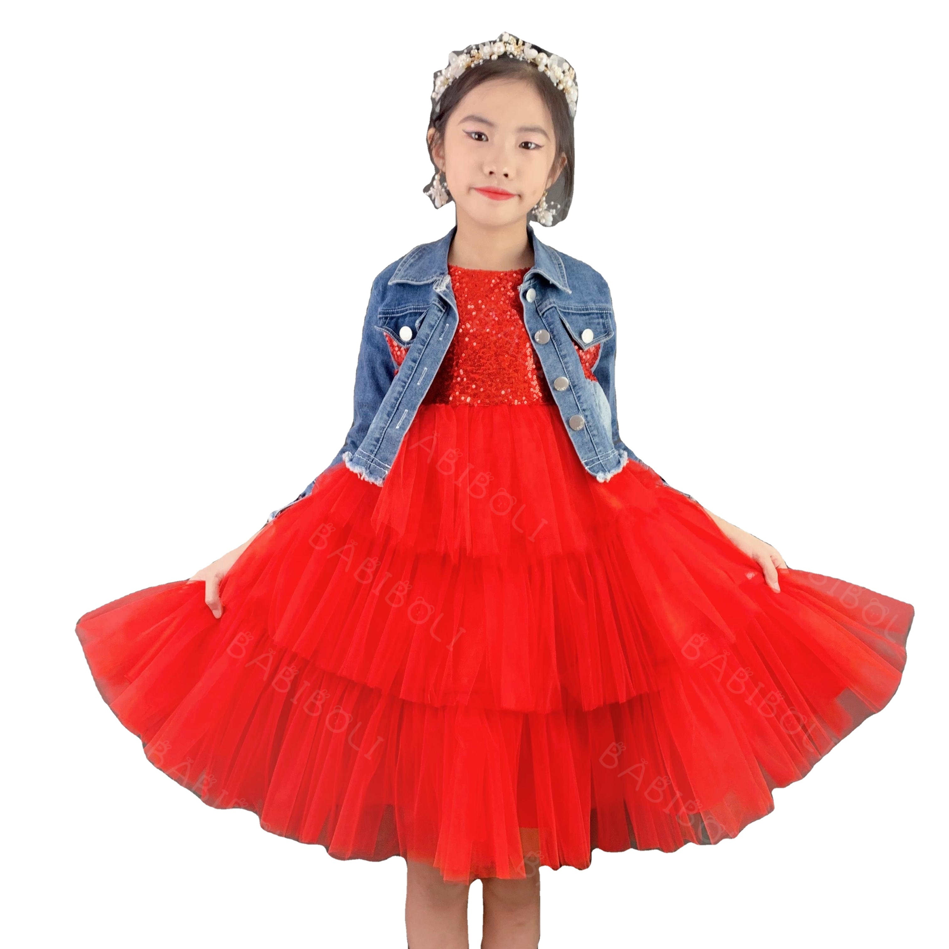 Babiboli Pretty Denim Jacket With Dresses Red Sequins Kids Clothing Tulle Gowns Baby Sequins Ruffle Lining Girls Party Frocks