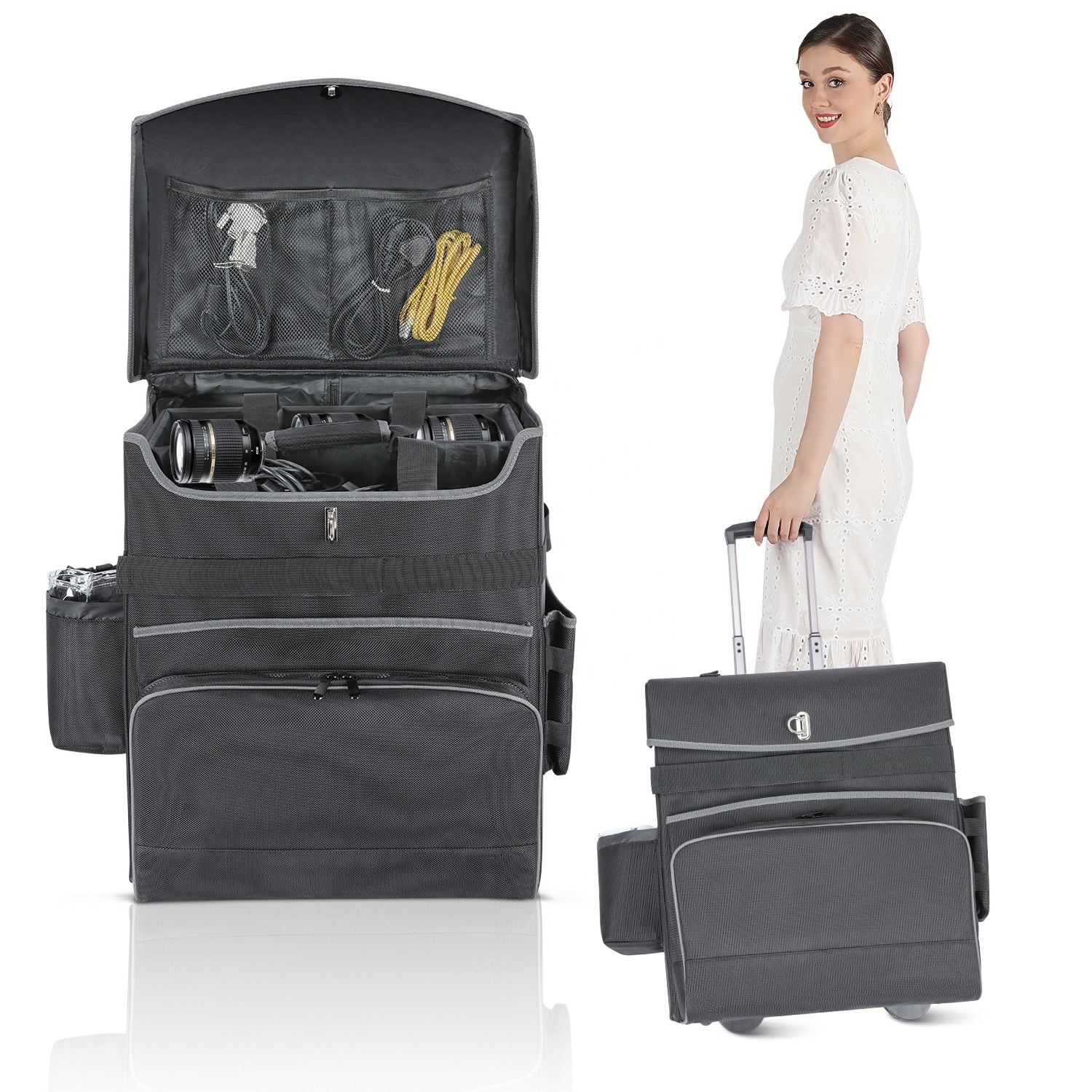 Multifunctional Large Capacity Black Nylon Trolley Travel Bag Suitcase Camera Trolley Bag for Photography