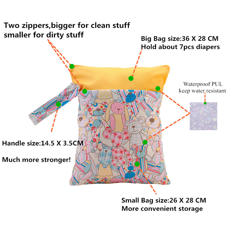 Custom Beautiful Pattern polyester baby waterproof Swimsuit Bag Double Pocket Baby Diaper Dry Mini Wet bag diaper nappy bag