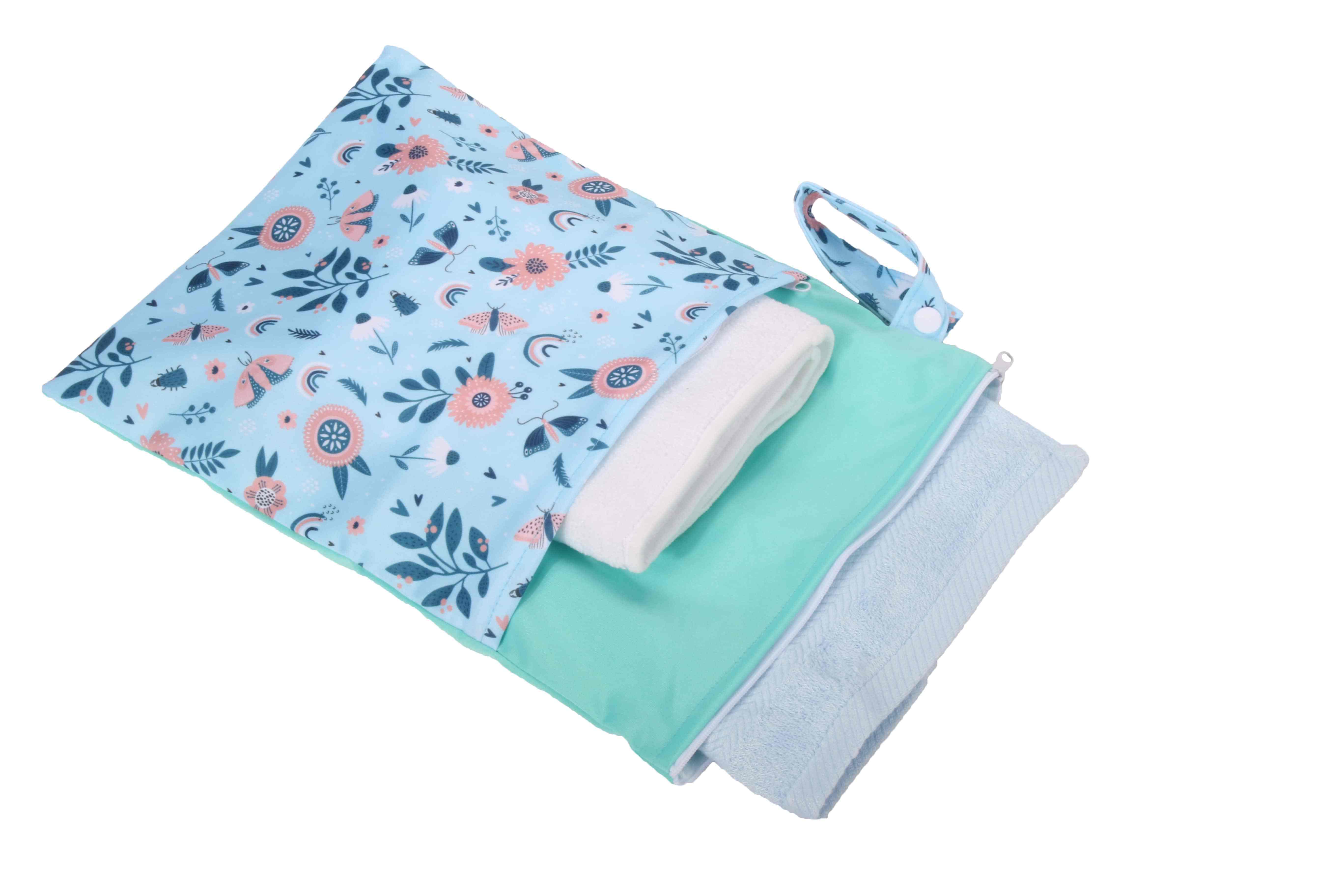 Custom Beautiful Pattern polyester baby waterproof Swimsuit Bag Double Pocket Baby Diaper Dry Mini Wet bag diaper nappy bag