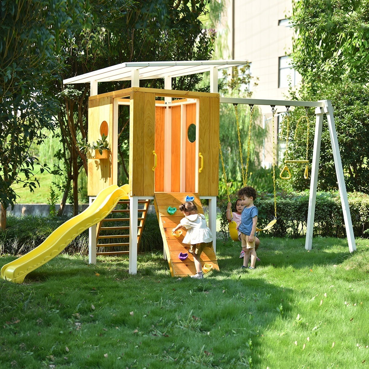 Children Playhouse Outdoor Playground Kids Wooden Playhouse With Slide Swing