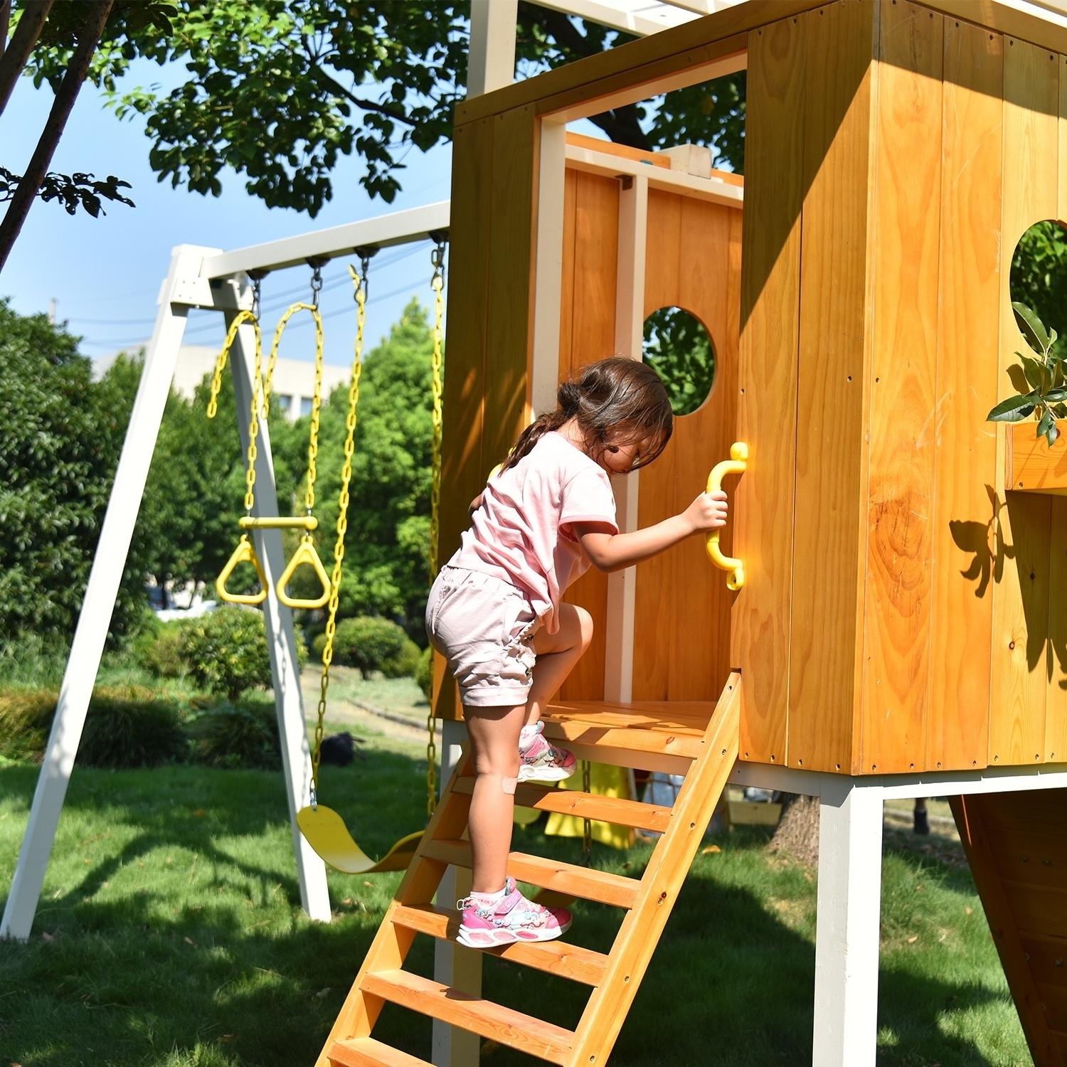 Children Playhouse Outdoor Playground Kids Wooden Playhouse With Slide Swing