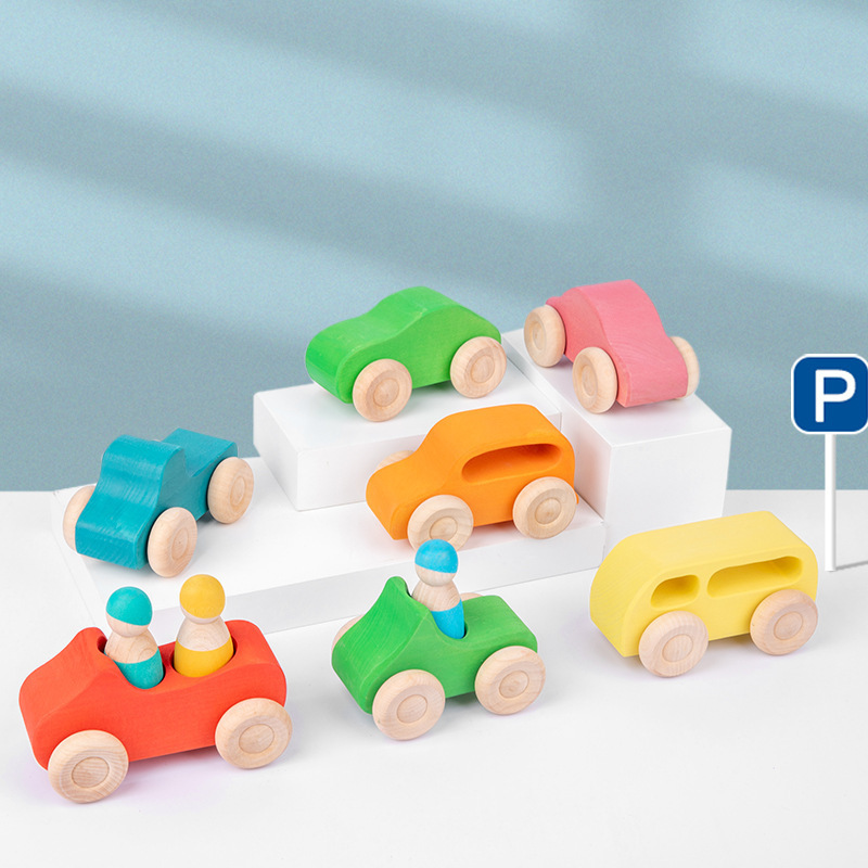 Wooden Vehicles Montessori Wooden Toy Cars Rainbow Wooden Toy Cars for Toddler Kids