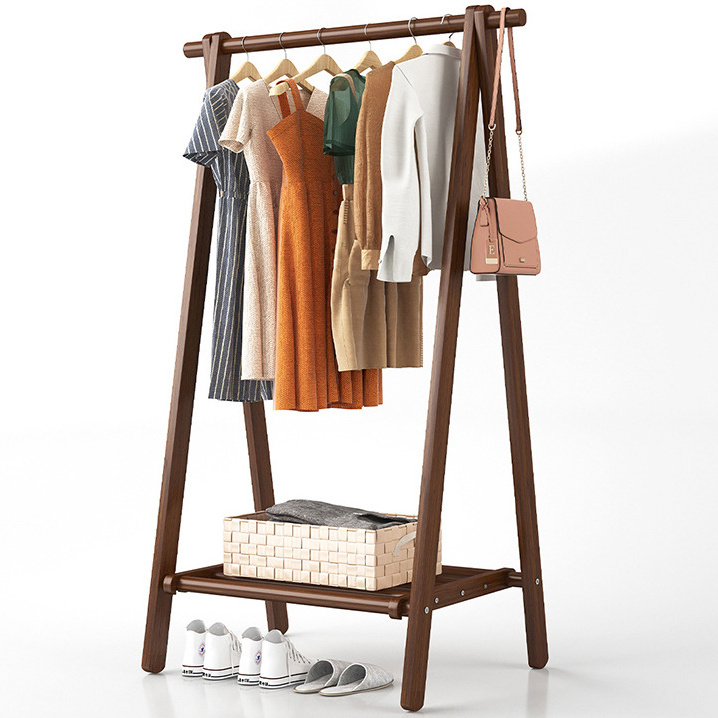 Indoor Stand Freestanding Clothes Hanging Rack with Rod Bottom Storage Shelves