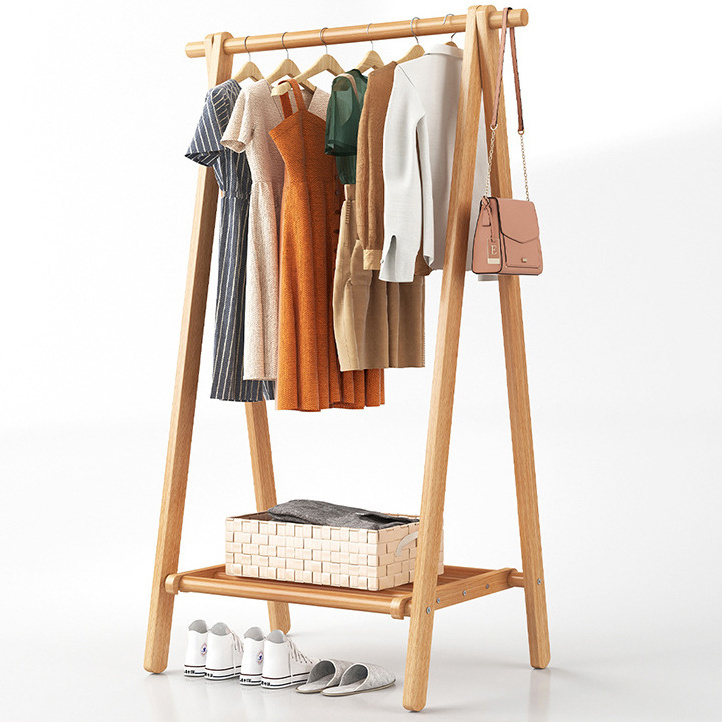 Indoor Stand Freestanding Clothes Hanging Rack with Rod Bottom Storage Shelves