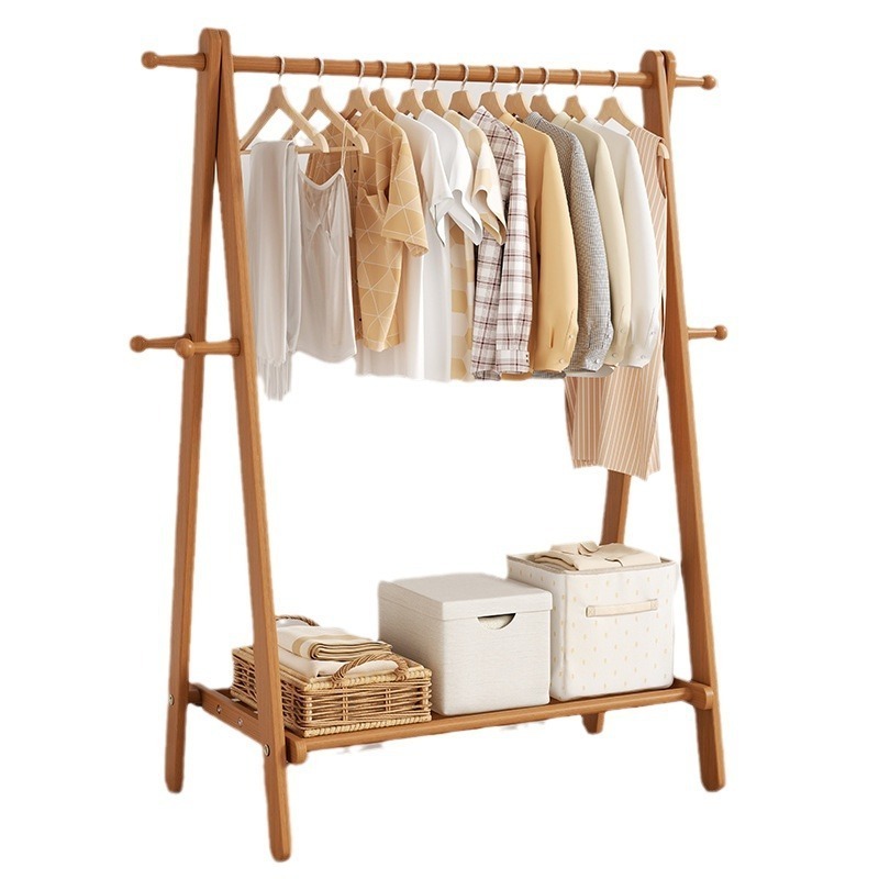 Indoor Stand Freestanding Clothes Hanging Rack with Rod Bottom Storage Shelves