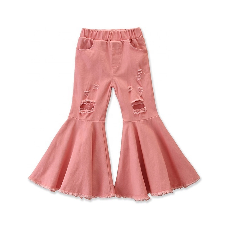 RTS Instock Wholesale Fashion Tiered Baby Girl Flared Denim Pants Kids Jeans Bell Bottom