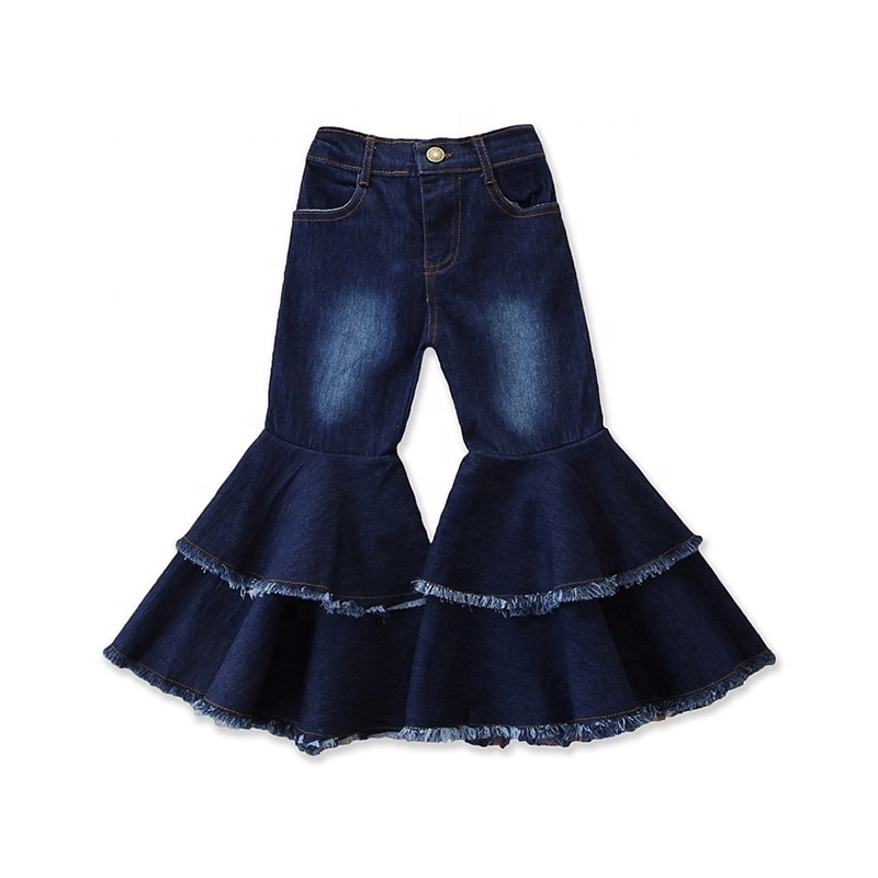 RTS Instock Wholesale Fashion Tiered Baby Girl Flared Denim Pants Kids Jeans Bell Bottom