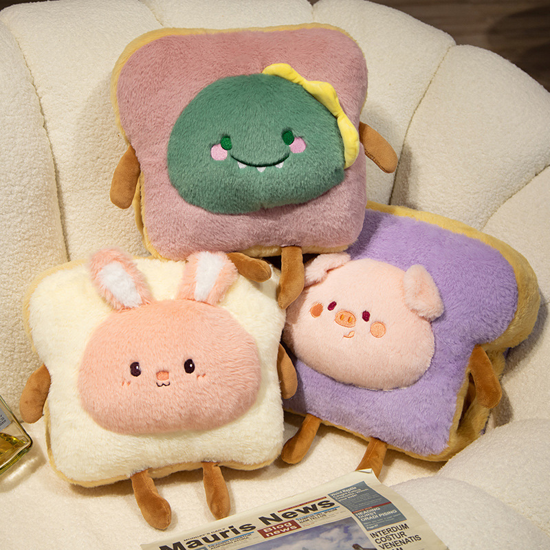 Creative Stuffed Funny Food Shaped Plush Pillow Fluffy Soft Bread Sofa Cushion Toast with Animal Head Hand Warmer