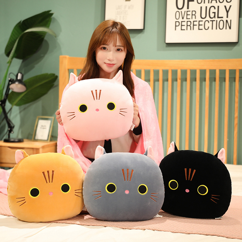 Ready to Ship Warm Kitty Cushion Kawaii Cute Soft Plush Toy Black Cat Pillow Stuffed Animal Black Plush Cat With Flannel Blanket