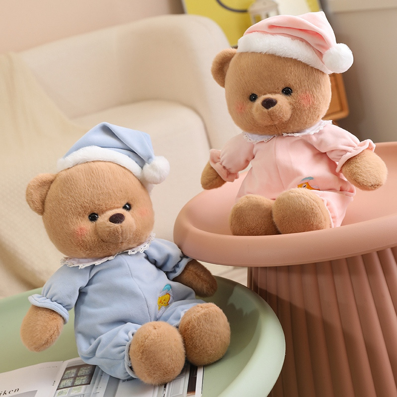 Premium Quality Good Night Brown Bear Stuffed Teddy Bear In Pink Blue Pajamas Cute Blue Eyed Bear Toys With Rabbit Shaped Bag