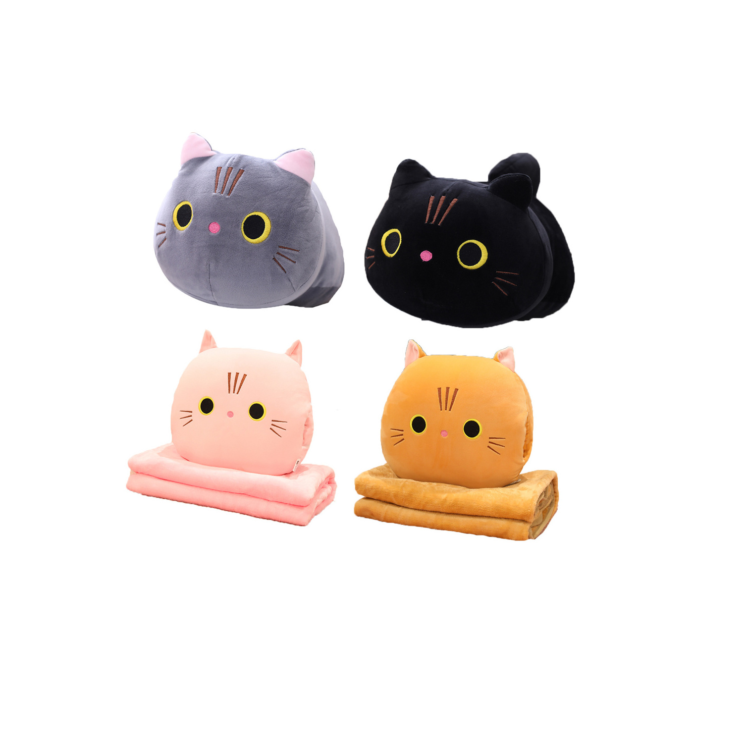 Ready to Ship Warm Kitty Cushion Kawaii Cute Soft Plush Toy Black Cat Pillow Stuffed Animal Black Plush Cat With Flannel Blanket