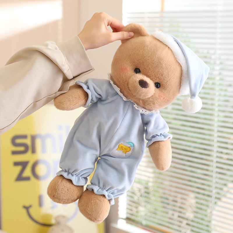 Premium Quality Good Night Brown Bear Stuffed Teddy Bear In Pink Blue Pajamas Cute Blue Eyed Bear Toys With Rabbit Shaped Bag