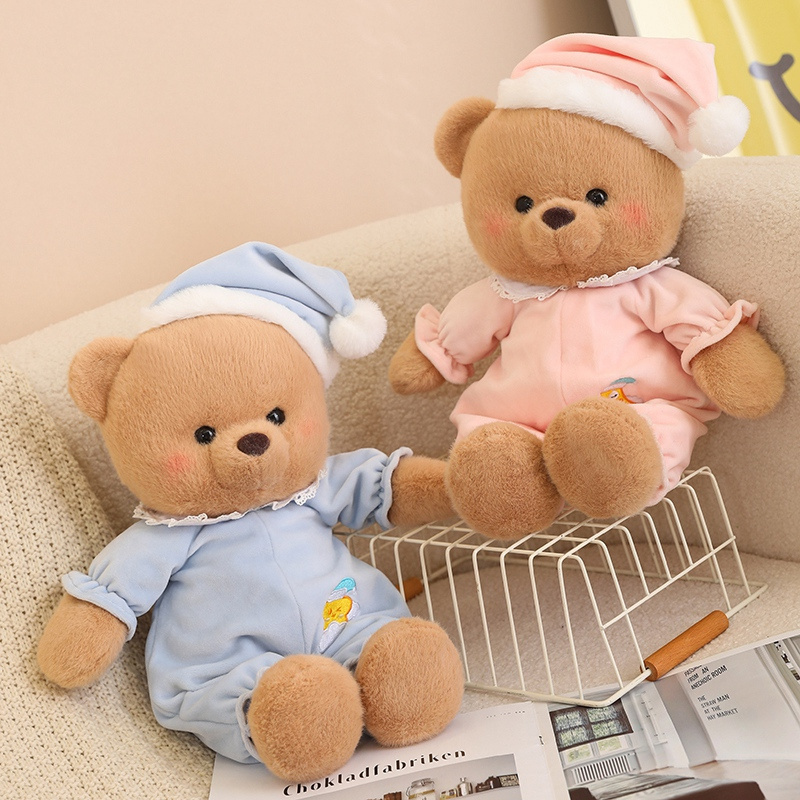 Premium Quality Good Night Brown Bear Stuffed Teddy Bear In Pink Blue Pajamas Cute Blue Eyed Bear Toys With Rabbit Shaped Bag