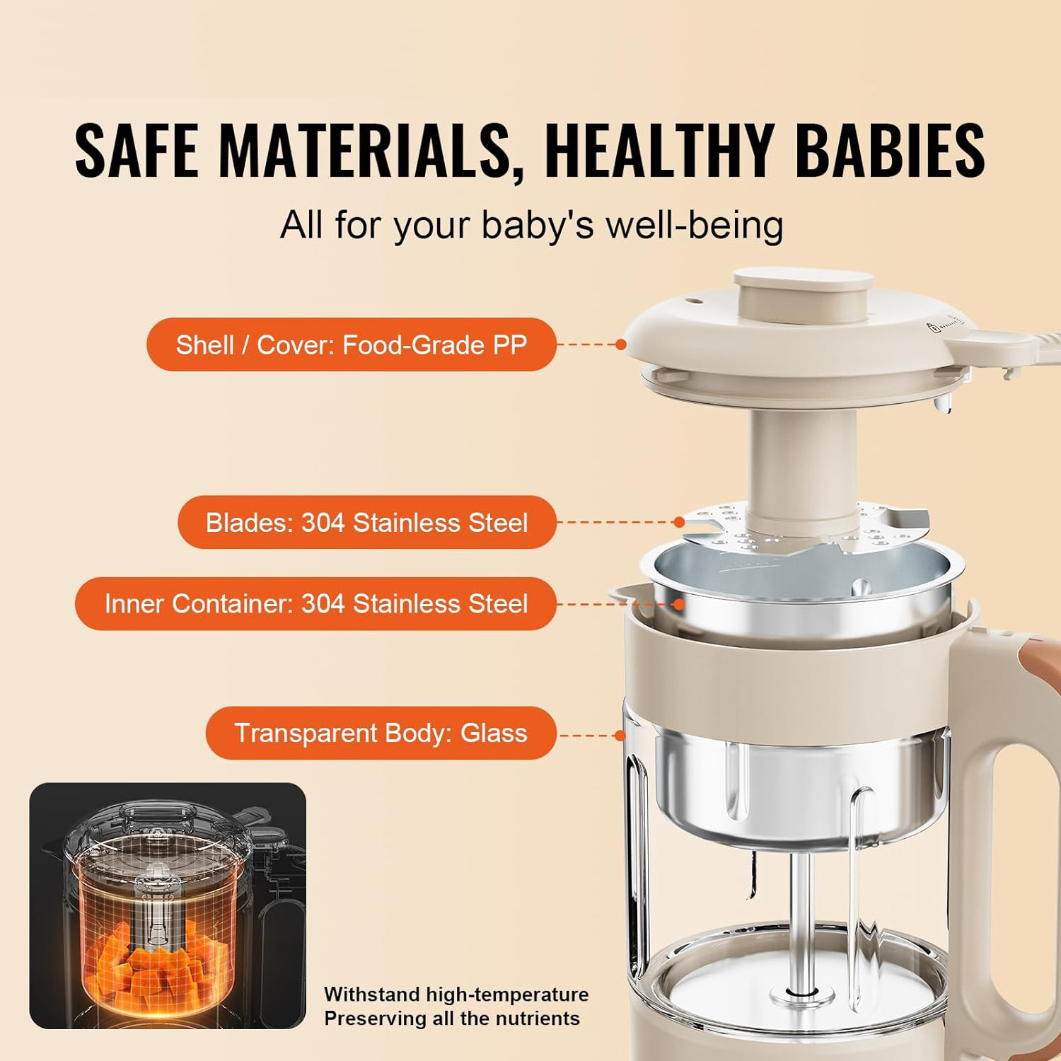 Autocook Baby Food Maker, 500W Baby Food Processor with 300 ml Glass Bowl, SUS304 Stainless Steel basket