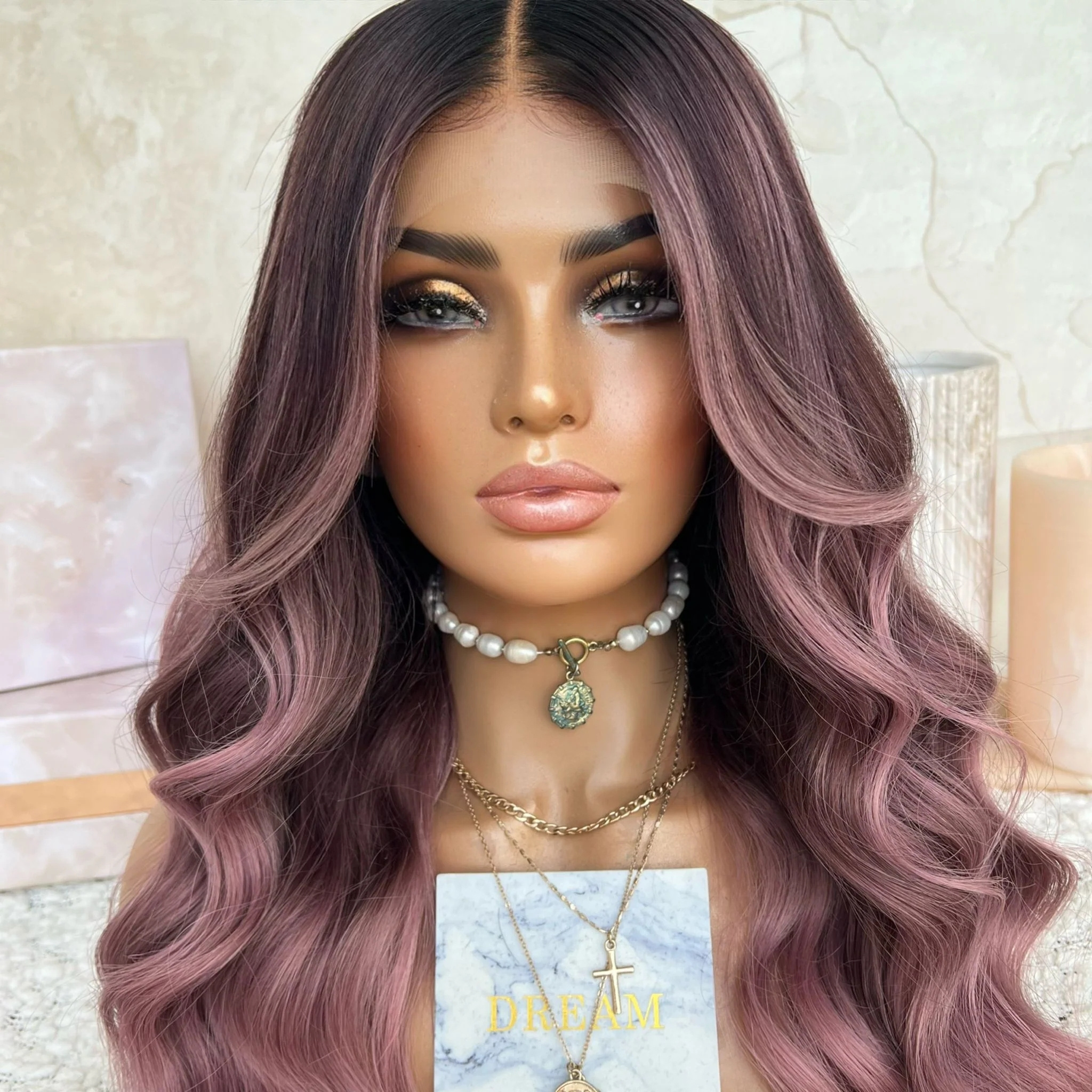 Freedom Women Wig Beautiful Long Ombre Pink Color Body Wave Kosher Virgin Remy Cuticle Human Hair Swiss Lace Front Wigs