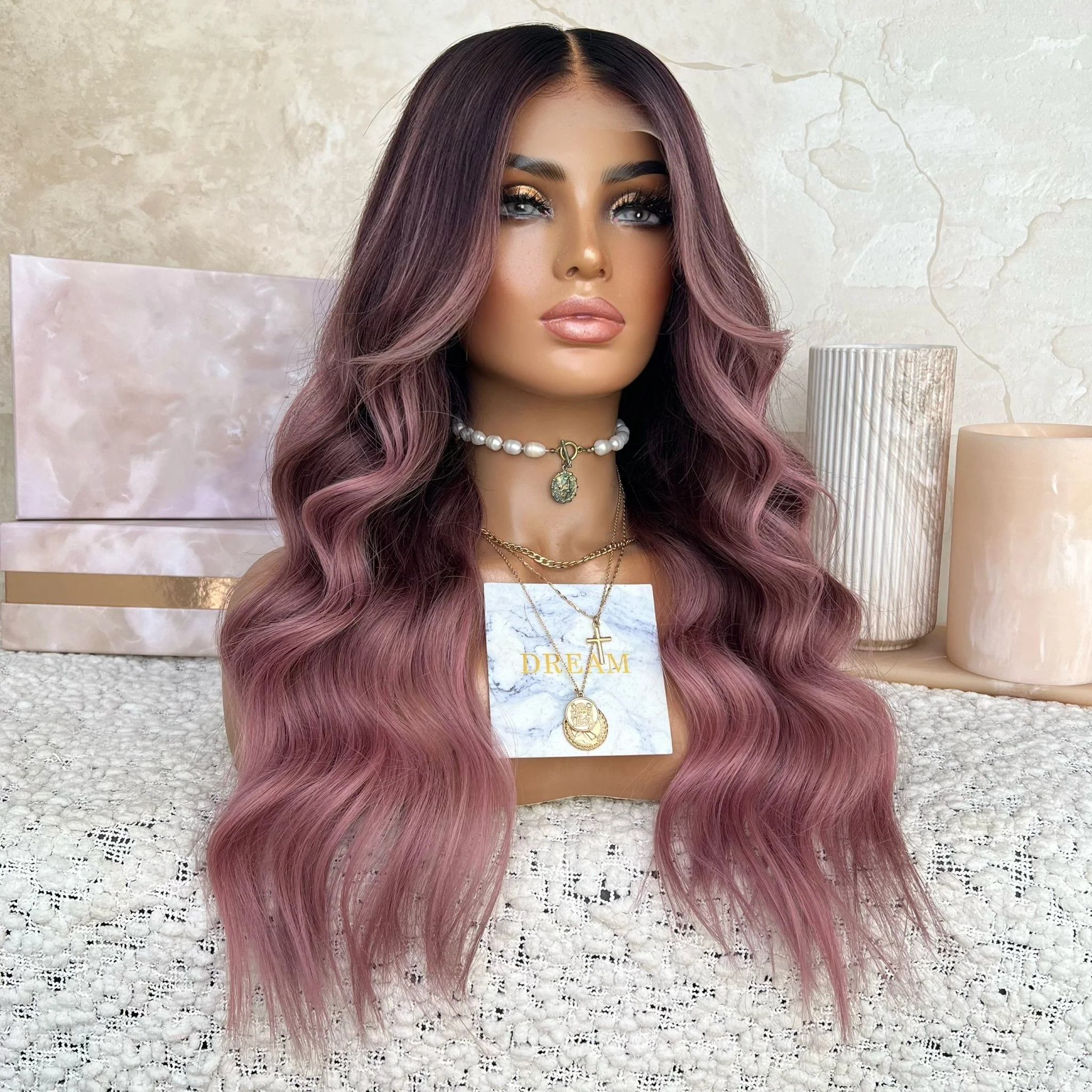 Freedom Women Wig Beautiful Long Ombre Pink Color Body Wave Kosher Virgin Remy Cuticle Human Hair Swiss Lace Front Wigs