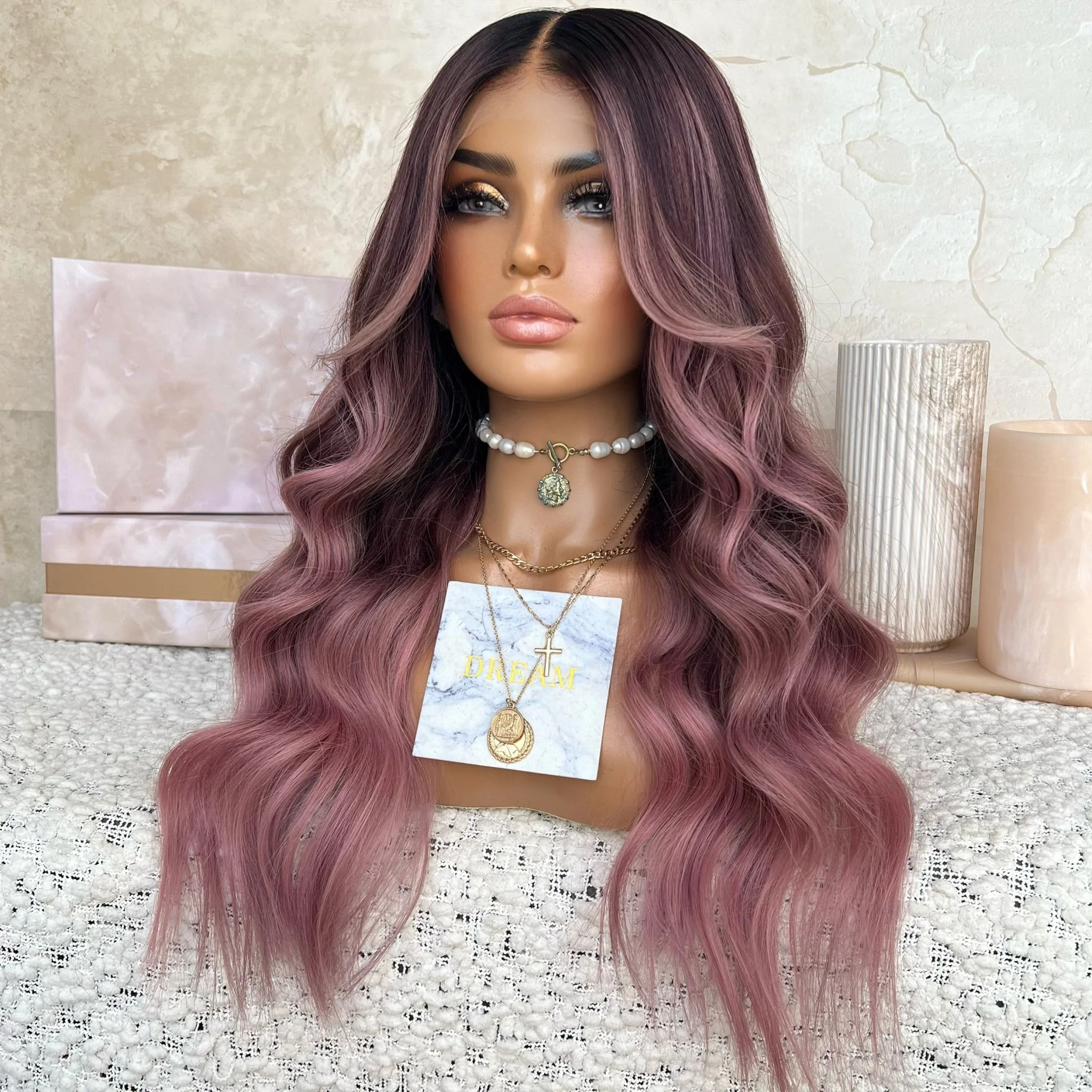 Freedom Women Wig Beautiful Long Ombre Pink Color Body Wave Kosher Virgin Remy Cuticle Human Hair Swiss Lace Front Wigs