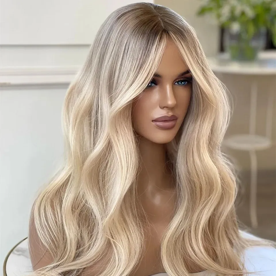 Ash Blonde Highlight Human Hair Wig Grade 14A European Hair Glueless Lace Frontal Double Drawn Small Knot Jewish Kosher Wig