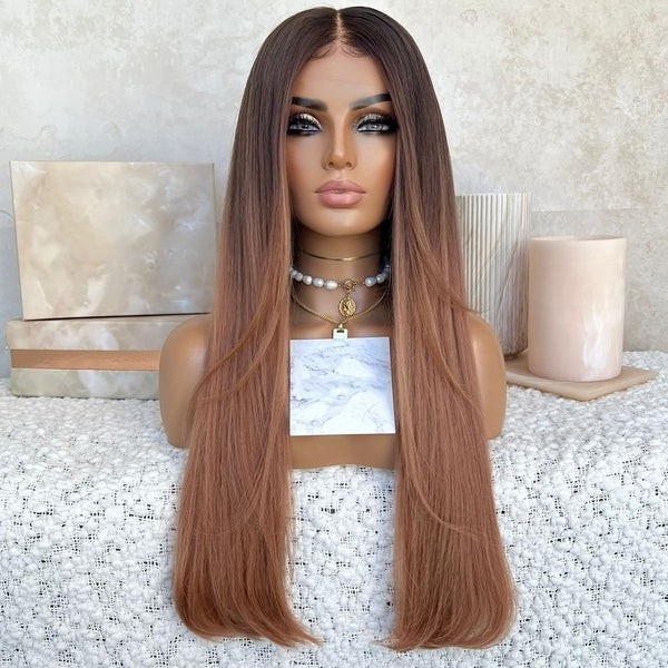 Freedom Ombre Reddish Brown Color Full Straight 100% Unprocessed Remy Cuticle Human Hair Jewish Quality Swiss Lace Front Wigs