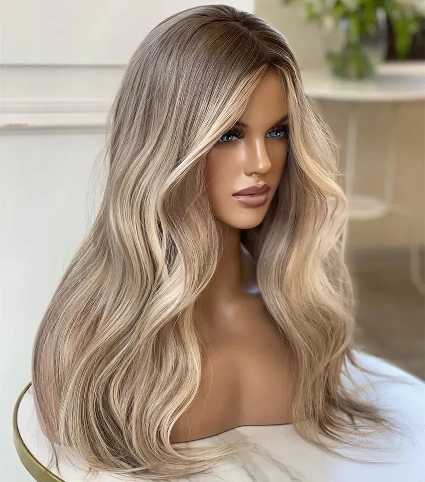 Ash Blonde Highlight Human Hair Wig Grade 14A European Hair Glueless Lace Frontal Double Drawn Small Knot Jewish Kosher Wig