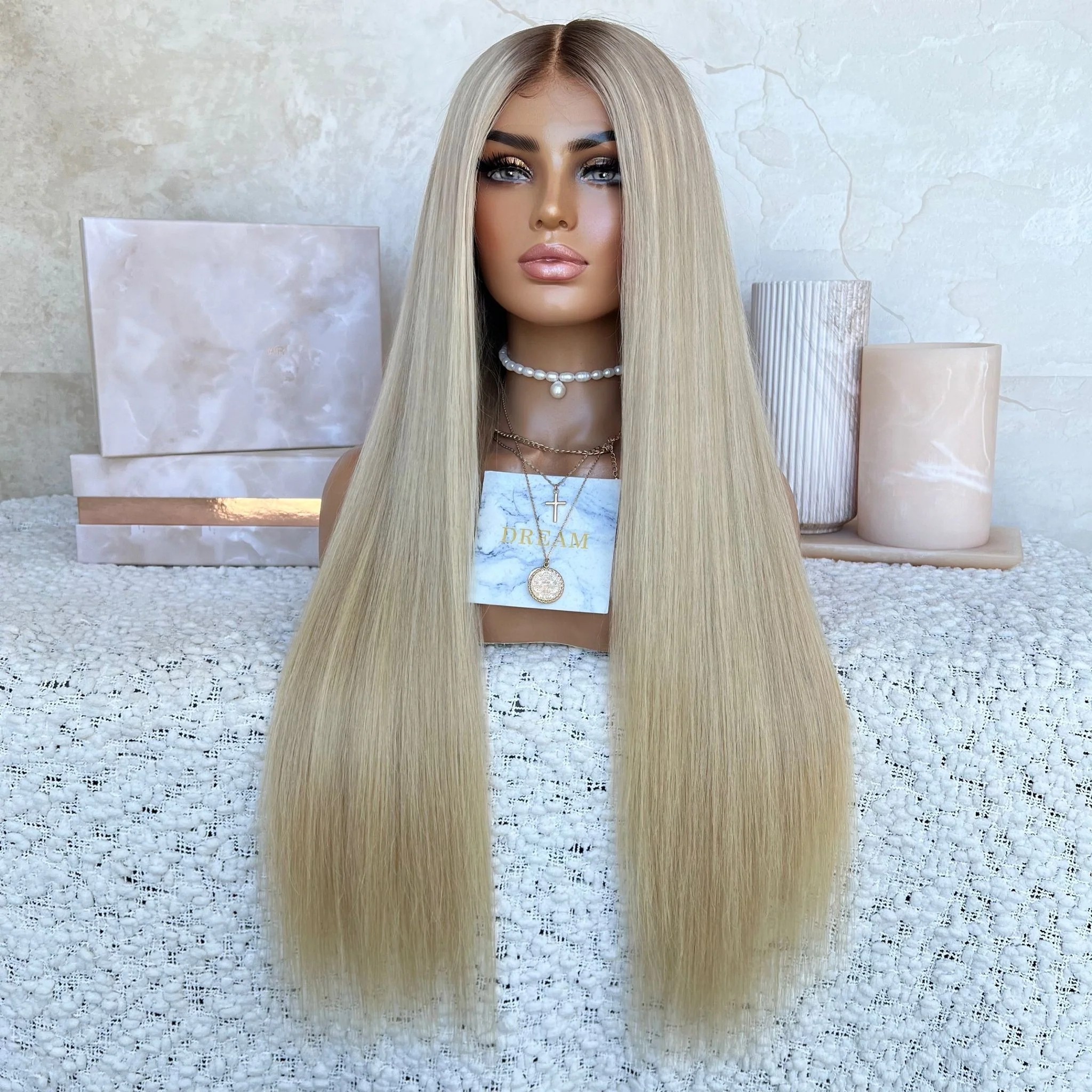 Freedom Wig Ash Blonde Highlight Color Straight Full Density Virgin European Cuticle Human Hair Stretch Cap Full Lace Wigs