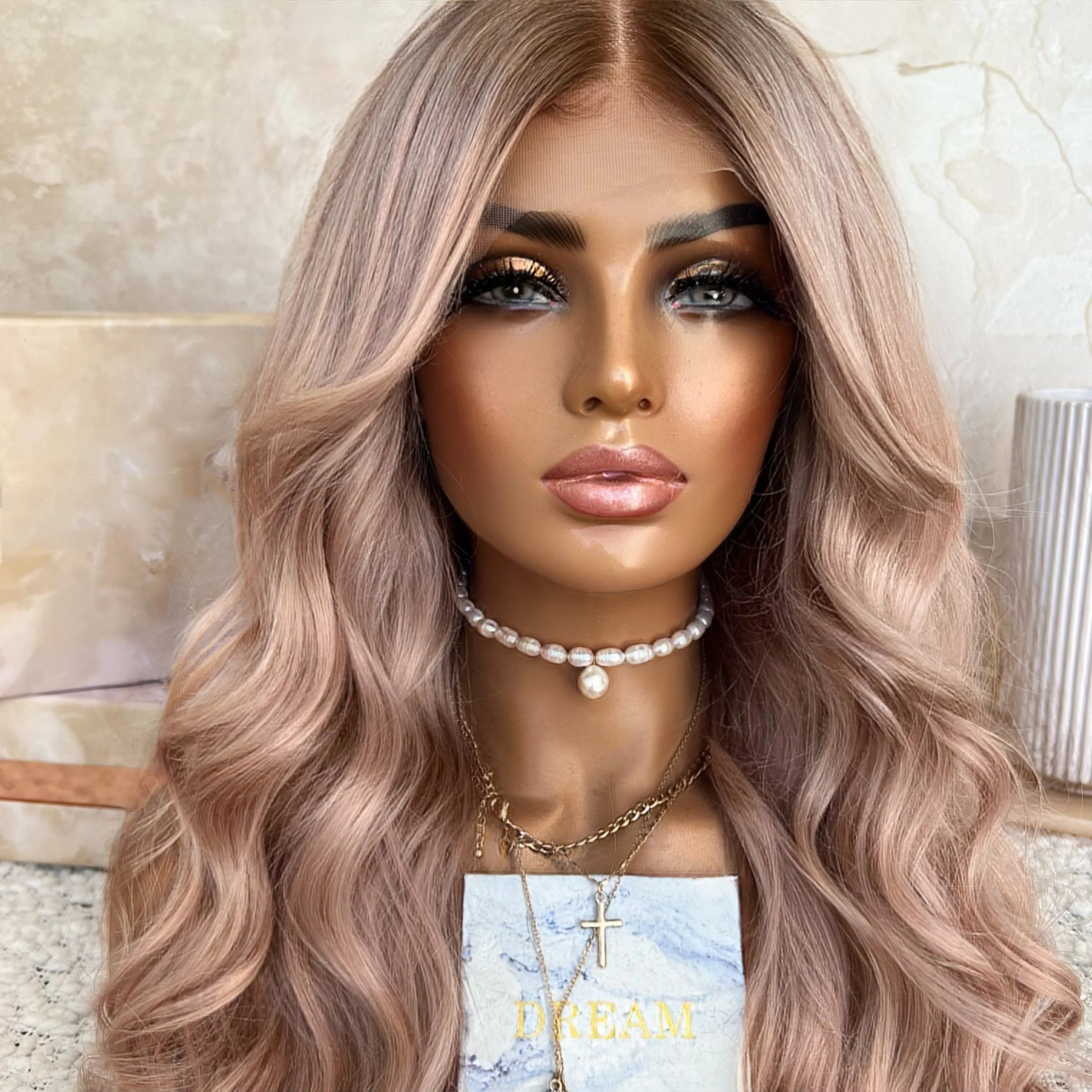 Freedom Wig Ombre Dirty Pink Color Loose Wave Hot Style Virgin European Cuticle Human Hair Stretch Cap Full Lace Wigs