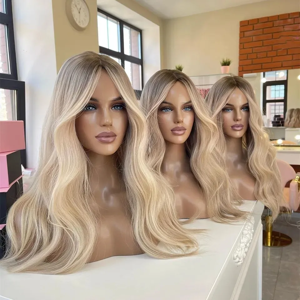 Ash Blonde Highlight Human Hair Wig Grade 14A European Hair Glueless Lace Frontal Double Drawn Small Knot Jewish Kosher Wig