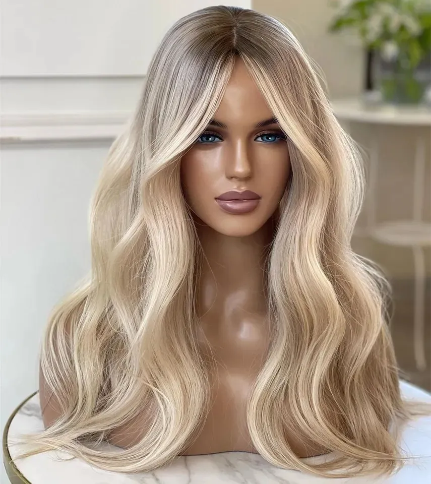 Ash Blonde Highlight Human Hair Wig Grade 14A European Hair Glueless Lace Frontal Double Drawn Small Knot Jewish Kosher Wig