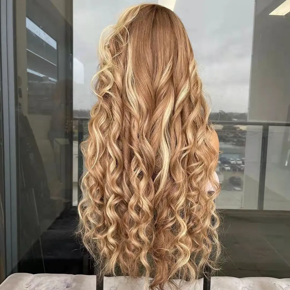 Free Sample Loose Wave Highlight Honey Brown Blonde Color Virgin Peruvian Cuticle Aligned Hair 13*6 Lace Front Wigs