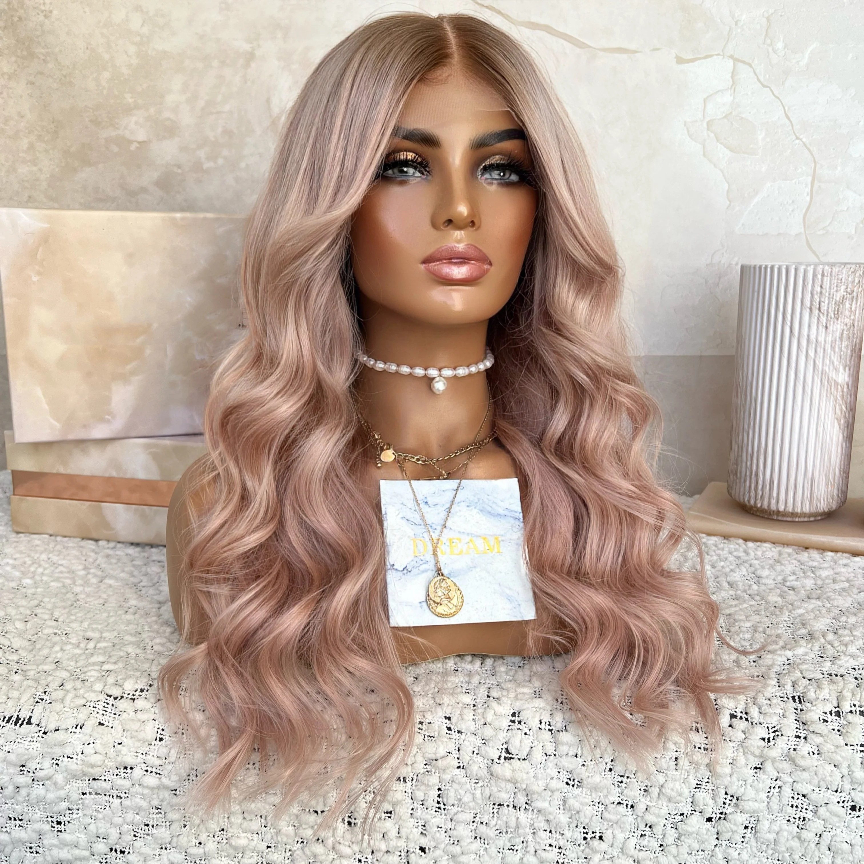 Freedom Wig Ombre Dirty Pink Color Loose Wave Hot Style Virgin European Cuticle Human Hair Stretch Cap Full Lace Wigs