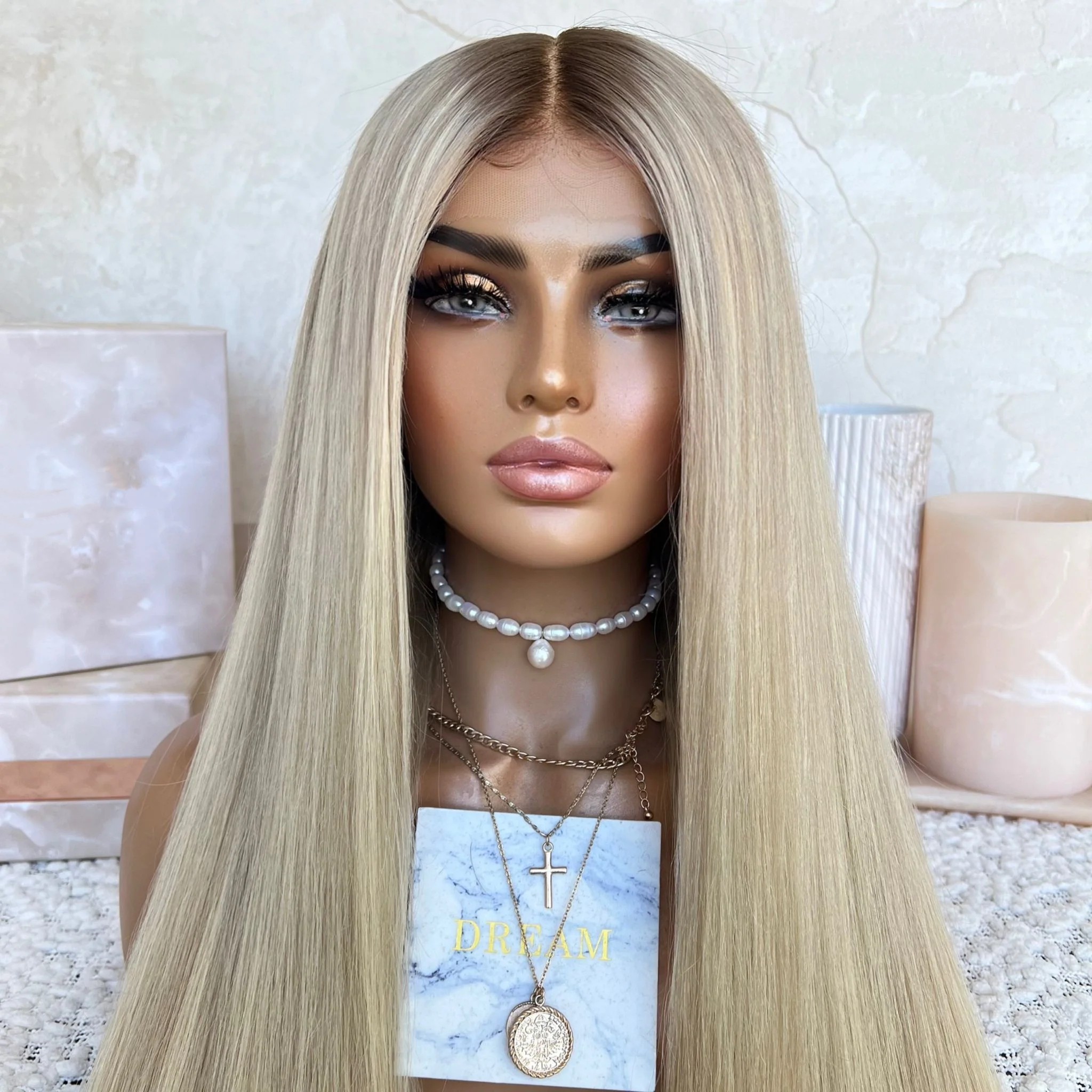 Freedom Wig Ash Blonde Highlight Color Straight Full Density Virgin European Cuticle Human Hair Stretch Cap Full Lace Wigs