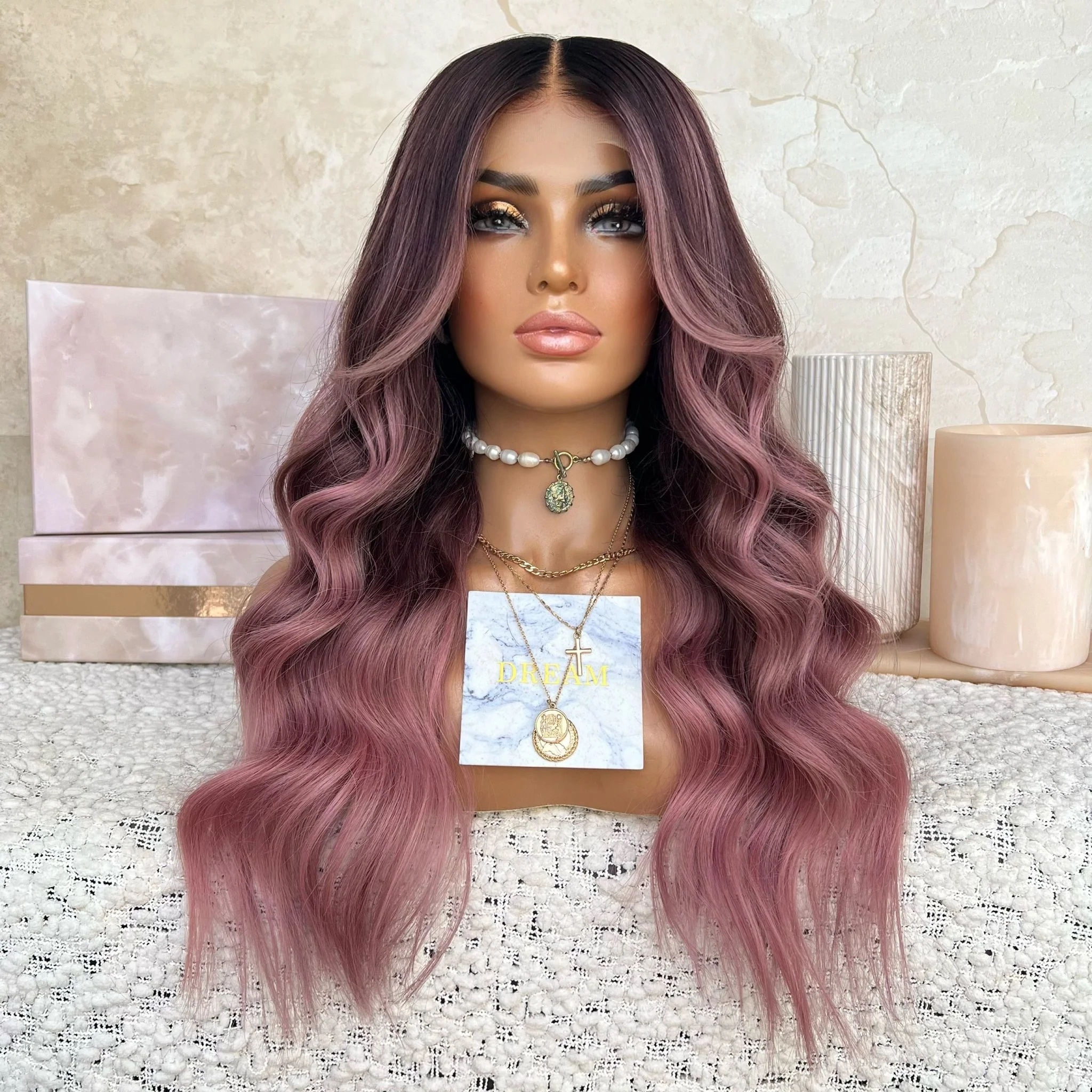 Freedom Women Wig Beautiful Long Ombre Pink Color Body Wave Kosher Virgin Remy Cuticle Human Hair Swiss Lace Front Wigs