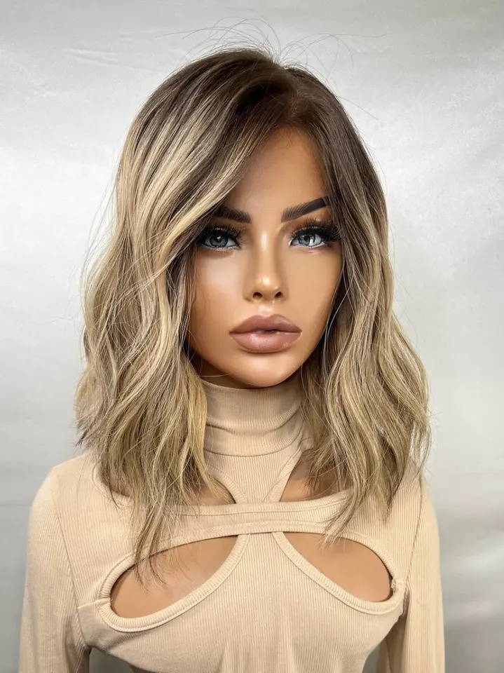 Real European Hair Glueless Ombre Blonde With Brown Root Short Wig Kosher Raw Human Hair 13x4 Lace Top Jewish Wigs For Women