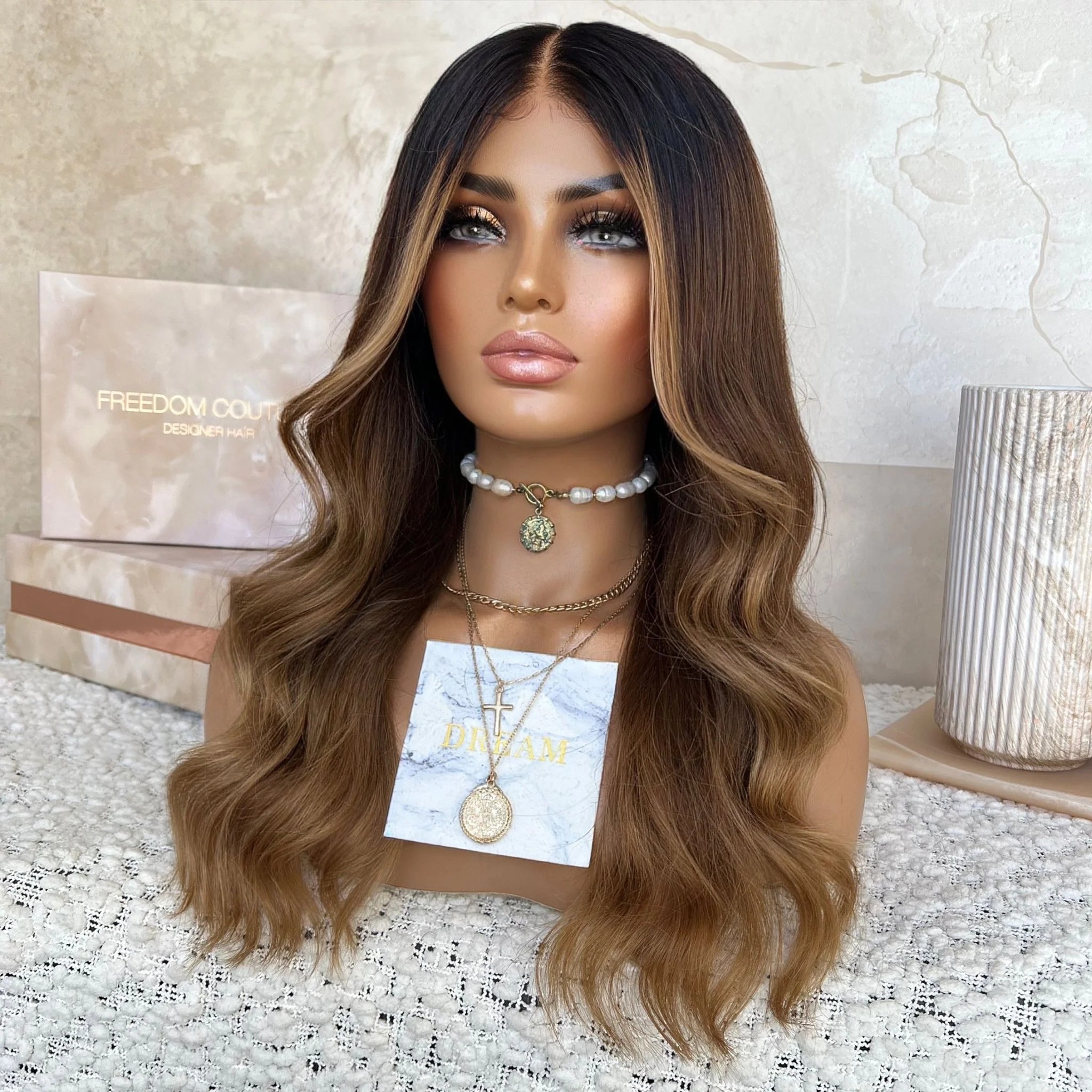 Freedom Same Quality Long Ombre Balayage Brown Color Kosher Virgin Remy Human Hair Swiss Lace Front Wigs For Women