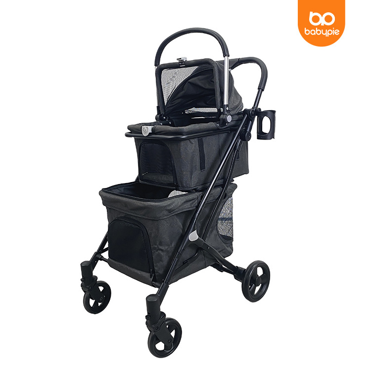 Portable foldable double pet strollers wagon for small dogs and cats breathable pet travel trolley