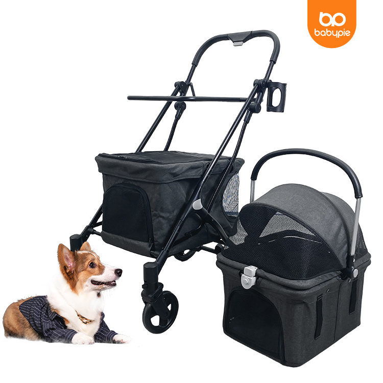 Portable foldable double pet strollers wagon for small dogs and cats breathable pet travel trolley