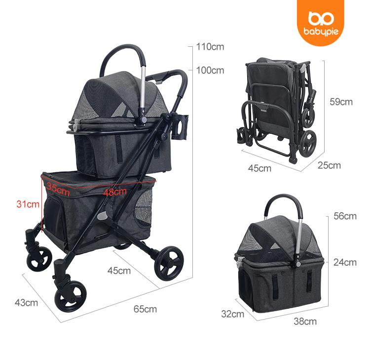 Wholesale Luxury Pet Detachable Double Stroller Teddy Puppy Stroller Medium Foldable Light Dog Twin Stroller For Medium Dogs