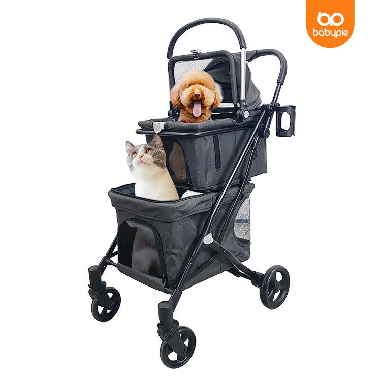 Portable foldable double pet strollers wagon for small dogs and cats breathable pet travel trolley