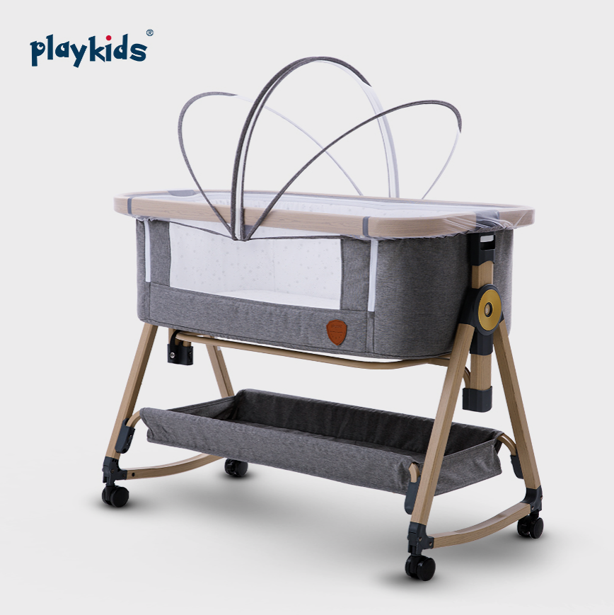 Playkids ASTM Certificate OEM  Baby Portable Gery/Bule Bed Foldable Swinging Crib Bedside  Cradle  Swing Bassinet