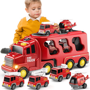 Fire Toys for Boys Girls 5 in1Carrier Truck Transport Cars for Toddlers Friction Power Vehicles for Kids Christmas Birthday Gift