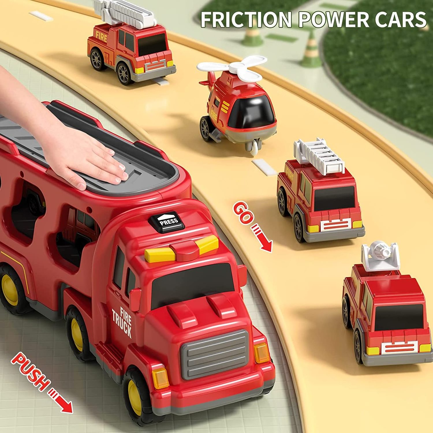 Fire Toys for Boys Girls 5 in1Carrier Truck Transport Cars for Toddlers Friction Power Vehicles for Kids Christmas Birthday Gift