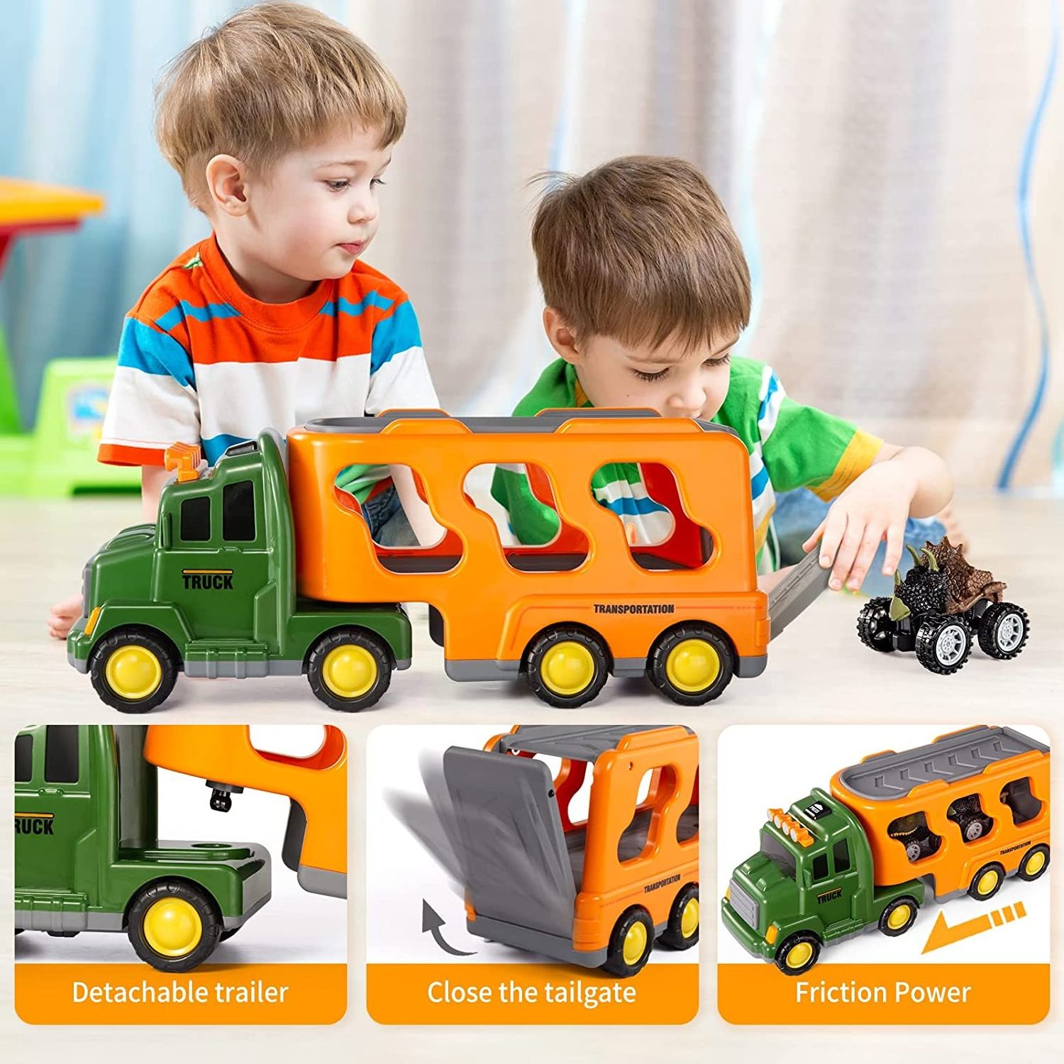 TEMI Dinosaur Truck Toys for Kids with Lights Music Transport Car  Dino Figures Monster Cars Friction Power Toy Vehicle Play Set