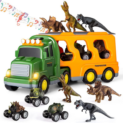 TEMI Dinosaur Truck Toys for Kids with Lights Music Transport Car  Dino Figures Monster Cars Friction Power Toy Vehicle Play Set