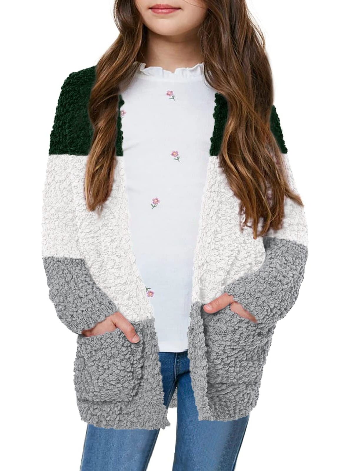 Girls Kids Casual Cardigans Sweaters Open Front Knitted Sweater Outwears with Pockets