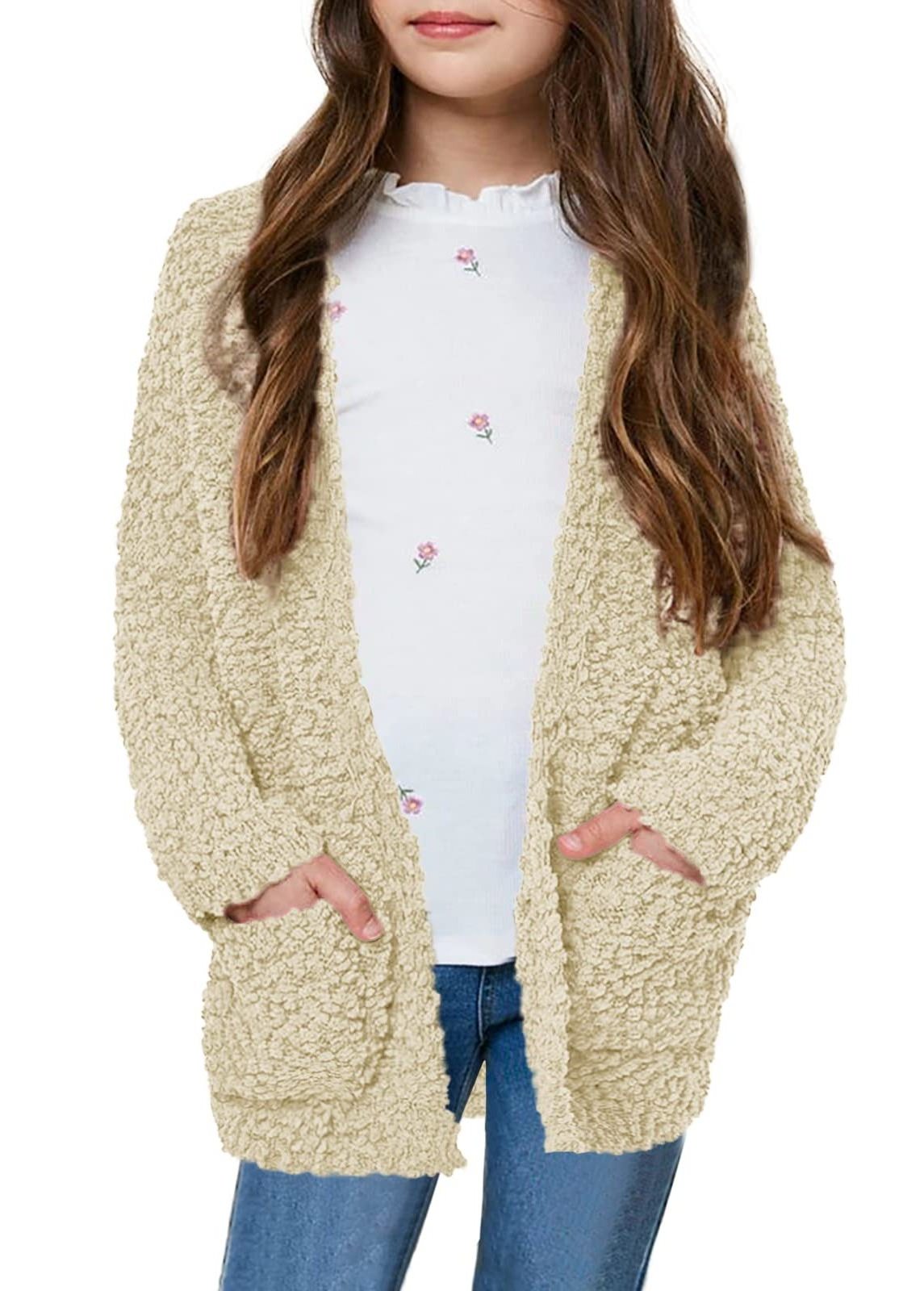 Girls Kids Casual Cardigans Sweaters Open Front Knitted Sweater Outwears with Pockets