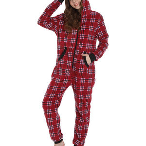 Unisex Check Onesie Christmas Zip Up Matching Onesie Hooded Pajamas One Piece Non-Footed Jumpsuit Adult Teenager