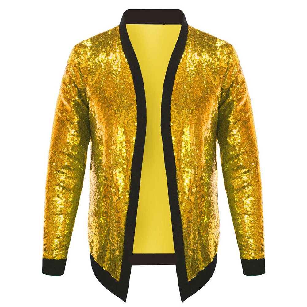 Mens Cardigan All Over Sparkle Sequin Open Front Long Sleeve Jacket with Ribbed Cuffs