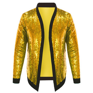 Mens Cardigan All Over Sparkle Sequin Open Front Long Sleeve Jacket with Ribbed Cuffs